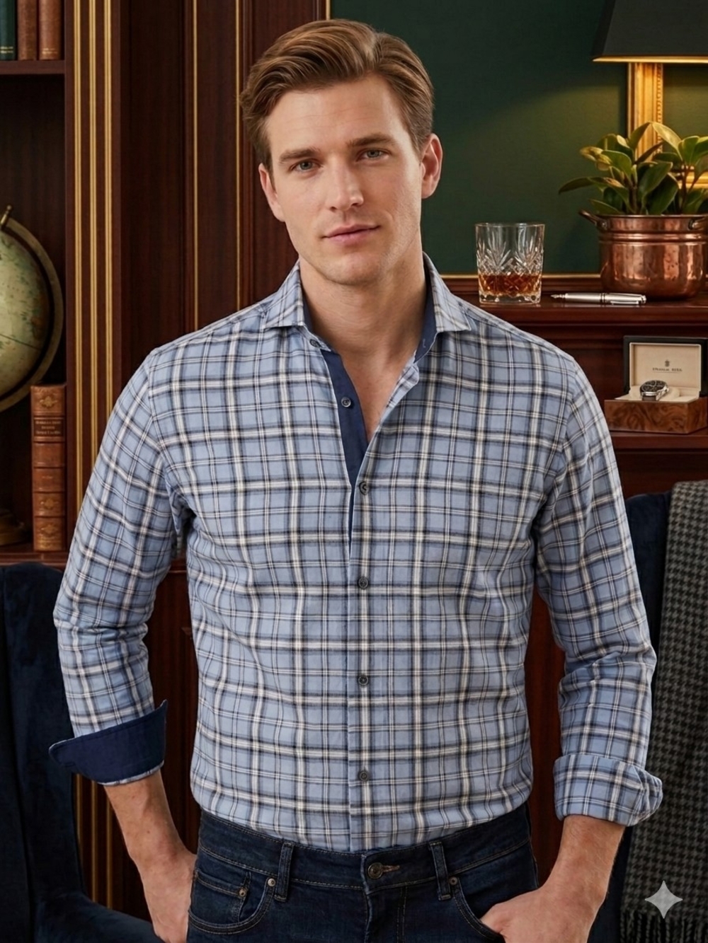 Emanuel Berg Men's Large Light Blue Plaid Casual Button-Down Shirt